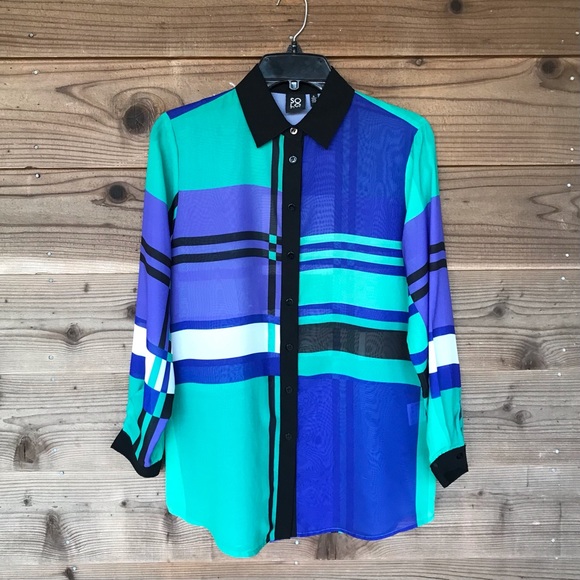 SOLO Moda Sheer Color Block Long Sleeve Button Down Blouse Size 6 - Picture 8 of 13